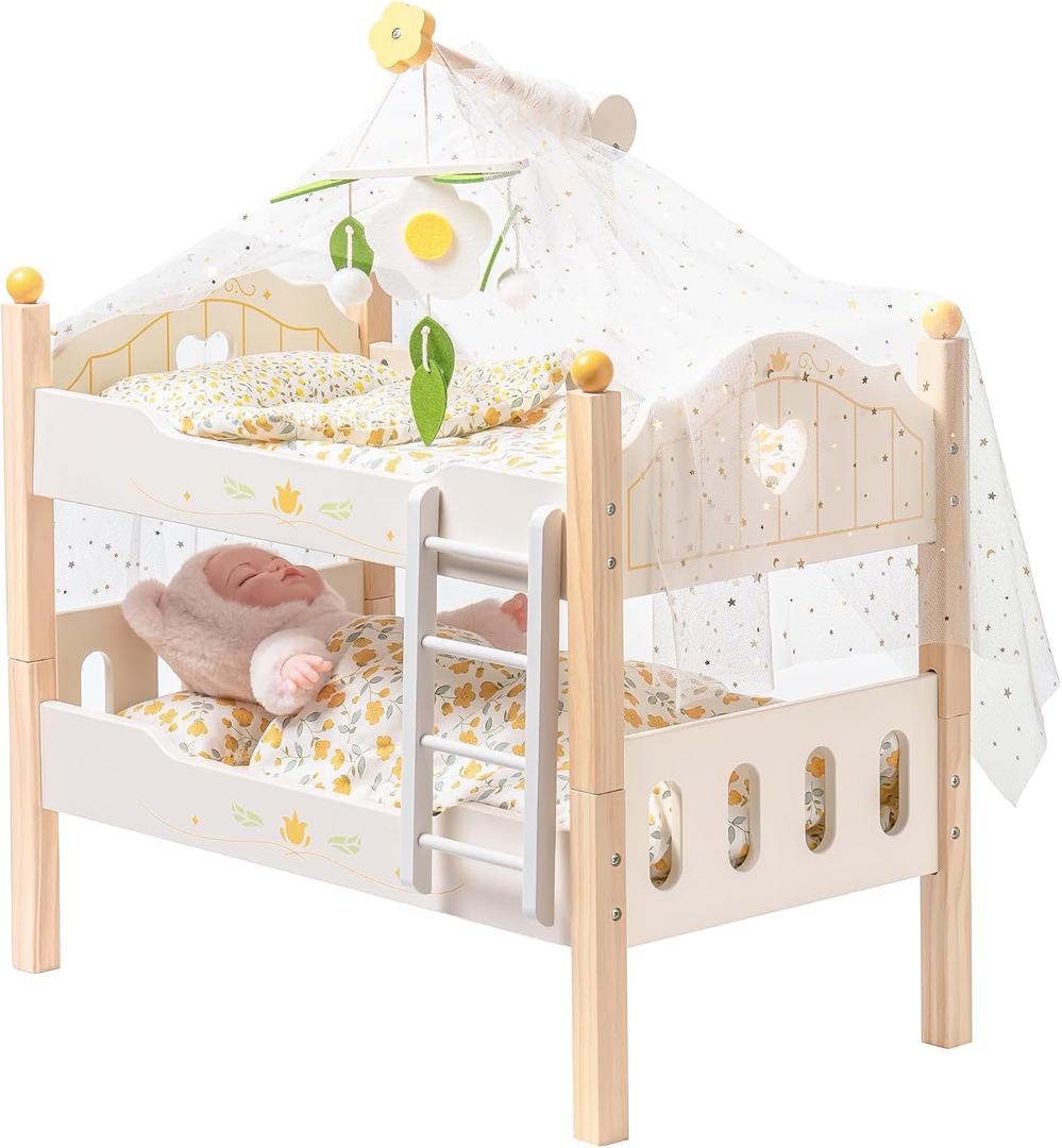 ROBOTIME Baby Doll Bunk Beds, Doll Cribs for 18 inch Dolls, Wooden Doll Beds Cribs fits American Girls (Wood, 2 Pcs Beds), 21.7 x 1.9 x 18.1 inches