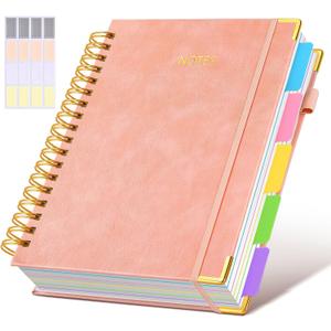Hardcover Spiral Notebook Journal with Removable Dividers Tabs, 300 Pages Leather 5 Subject Notebook College Ruled, 8"x10" Large B5 Notebooks for Work School Note taking, Lined Journal for Women, Pink