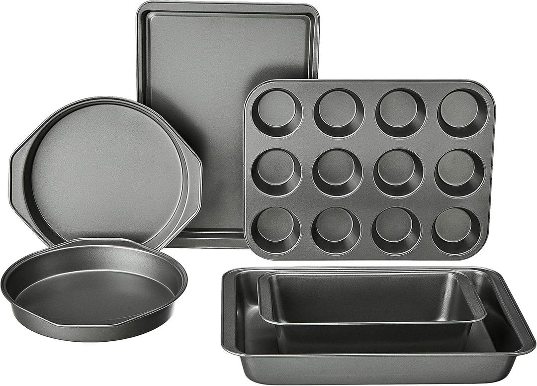 Amazon Basics 6 Piece Nonstick Carbon Steel Bakeware Set with Cake, Muffin, Cookie, and Loaf Pans, Easy Release, Oven Safe, 16.25 x 11.75 x 6.25 inches