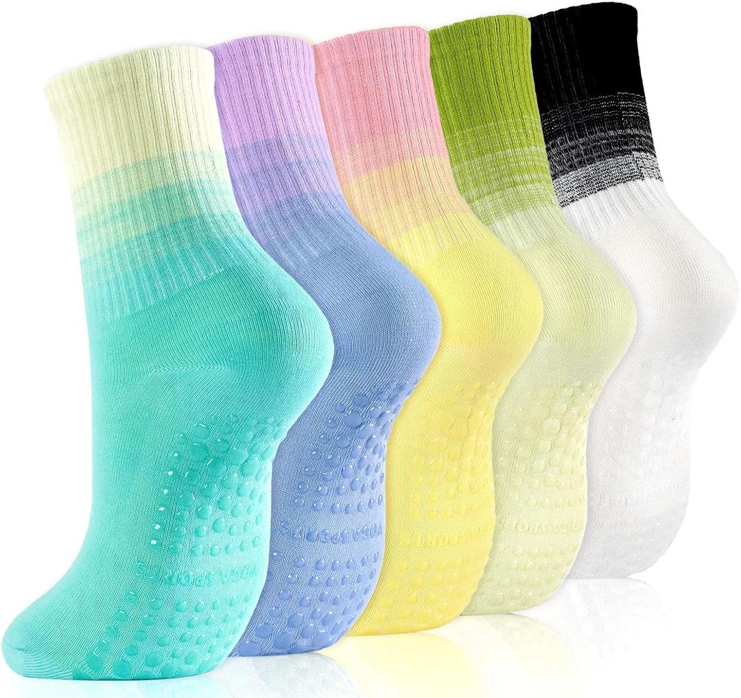 Cute Pilates Socks, Pilates Socks with Grips 5 Pairs for Women Non-slip Yoga Sock 7-9 for Barre Ballet Barefoot