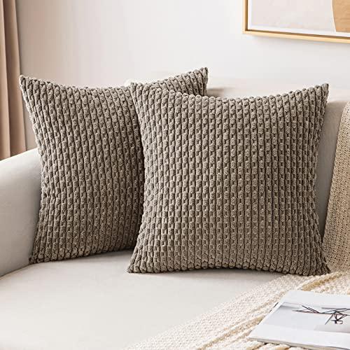 MIULEE Pack of 2 Decorative Throw Pillow Covers 20x20 Inch Soft Boho Striped Textured Corduroy Pillow Covers Modern Farmhouse Home Decor for Couch Bed Sofa Living Room Neutral Brown