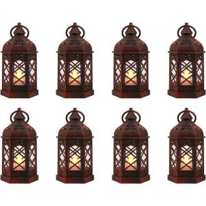 8-Pack Mini Lanterns for Ramadan, Wedding, Festivals, Small Decorative Lanterns with LED Candle for Baby Shower Party, Moroccan Lantern for Table Centerpiece, Medieval Decor, Red Brushed