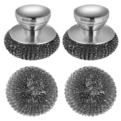 Onewly 2Pack Steel Wool Scrubber Set, Stainless Steel Scrubber with Stainless Steel Handle, for Cleaning Dishes, Cast Iron, Stock Pots, Pans, Griddles, Grills