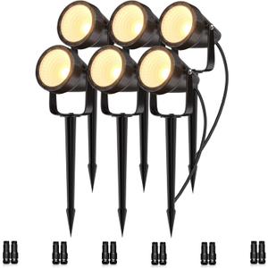 Outdoor Landscape Lighting - 6Pack Outdoor Spot Lights with Connectors & Transformer for Yard Plant Lawn Tree Flags House Garden Fence - 7W Warm Yellow 3000K Spotlights with IP65 Waterproof