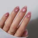 BTArtbox Press On Nails Short - Lamp-Curable Pink Cat Eye Almond Press On Nails with Glue for Women, Semi-Transparent Soft Gel Glue On Nails in 16 Sizes - 32 Stick On Nails Kit, Spring Charm