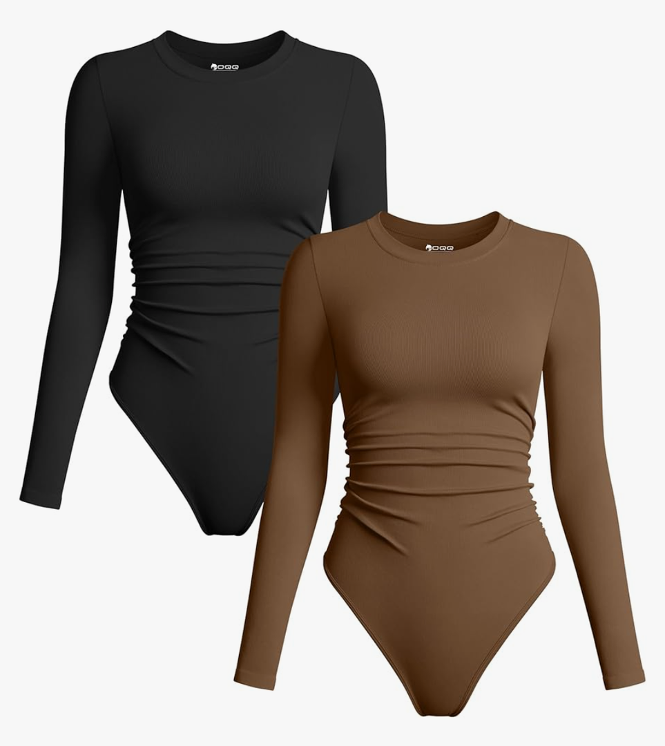 OQQ Womens 2 Piece Bodysuits Crew Neck Long Sleeve Ruched Stretch Fitted Bodysuits Size M