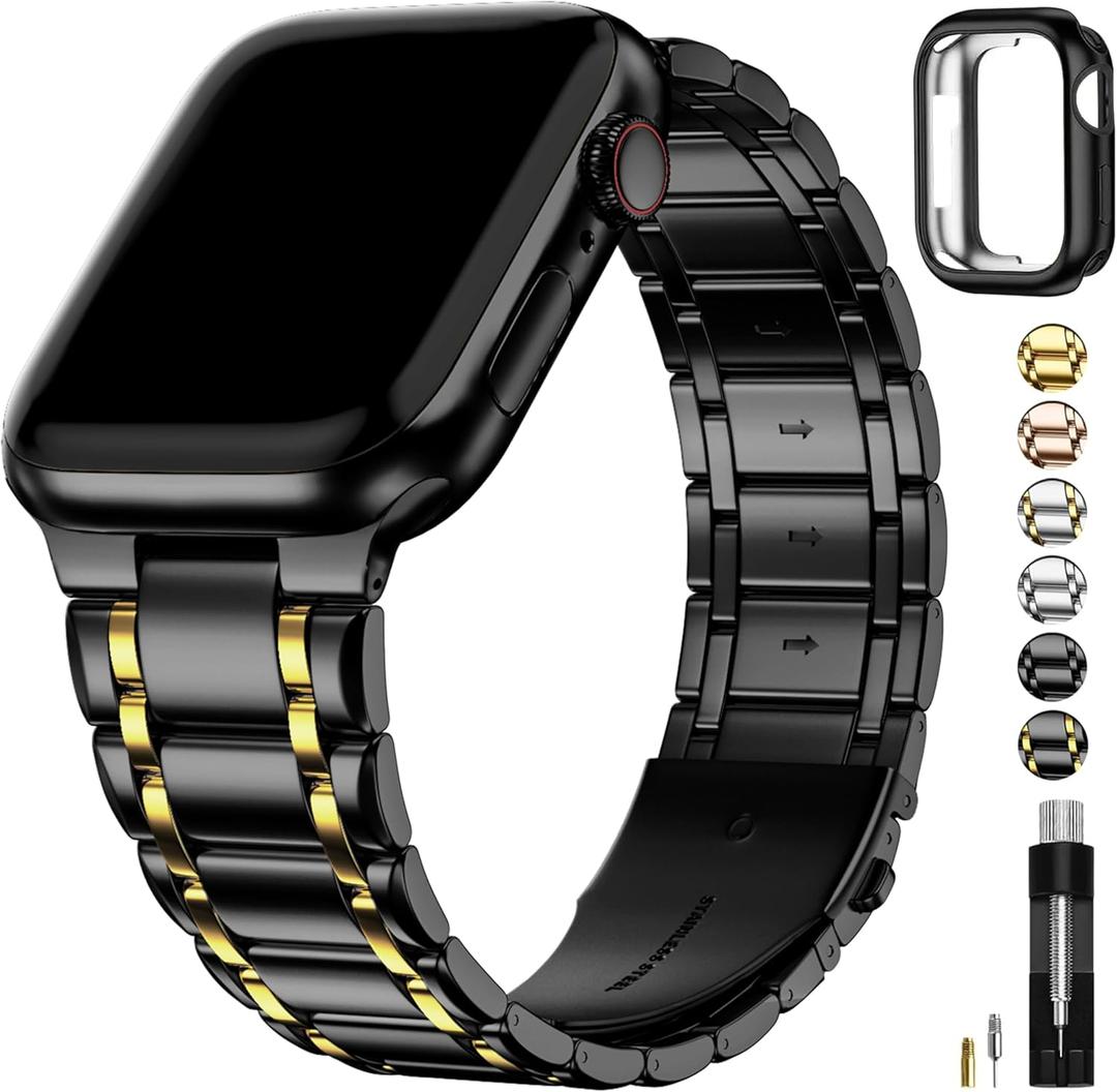 Fullmosa Compatible Apple Watch Band 42mm 44mm 45mm,iWatch Band with Case for Apple Watch Series 9 8 7 6 5 4 3 2 1 SE 10 Ultra, Black and Gold