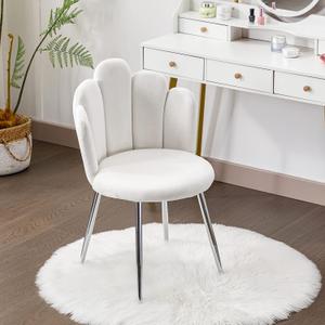 Vanity Chair for Makeup Room - Midcentury Modern Accent Chair for Living Room Bedroom, Velvet Chair with Back Support and Metal Legs (White), 19.29D x 21.26W x 16.93H in