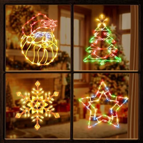 4 Pack Christmas Window Silhouette Lights Decorations, Santa Claus, Xmas Trees, Snowflake, and Star Window Silhouette with 50 Bulbs for Holiday Indoor Wall Door Glass Decorations