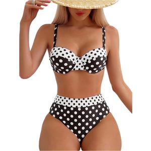 SweatyRocks Women's Polka Dots 2 Piece Bikini Set Color Block High Waisted Thong Bathing Suit Swimwear, Large