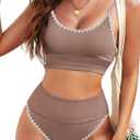 Herseas Womem 2 Piece High Waisted Bikini Sets Color Block Popular Swimsuits 2026 Summer Beach Swim Best Bathing Suits (Medium, Brown Crochet Trim)