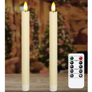 Upgraded Real Wax LED Flameless Taper Candles with Remote, KSWING 2 PCS Ivory Candlesticks Battery Operated 3D Flickering - 9.6" Long Realistic Fake Candle Sticks for Home/Wedding/Fireplace Xmas Decor