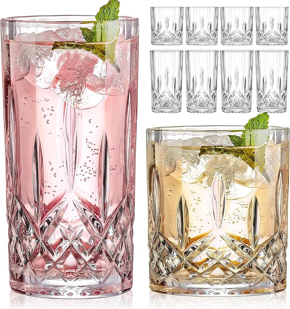 Drinking Glasses, 8 Piece Crystal Glass Cups, Mixed Glassware Set, 4 pcs Crystal Old Fashioned 11oz Highballs and 4 pcs 11oz Whiskey Glasses, Great for Cocktail, Whisky and other Beverages (Clear)