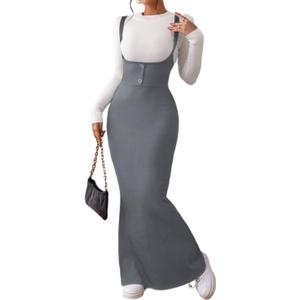 LIGHT DOT Women's Overall Dress Maxi Suspender Skirt Bodycon Ribbed High Waist Adjustable Straps Without Shirt (Grey, XL)