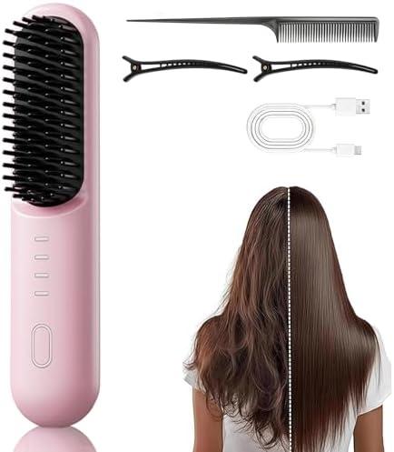 Go Brush-Pro for Short Hair, Hair Straightener Brush, Ionic & Ceramic Technology, 4 Temperature Settings, Anti-Frizz Styling (Pink)
