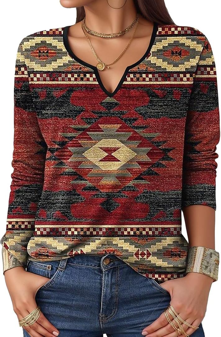 Flamingals Christmas Shirts Tops Women Notched Neck Shirts Tops Geometric Printed Graphic Long Sleeve Boho Shirt Tops Brick Red, 2XL 
