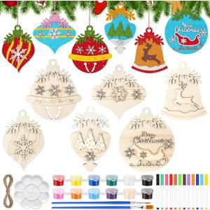 Roowest 28 Pcs Large 5.5 Inch Wooden Christmas Ornaments Painting Kit Unfinished Wood Ornaments with Paints Markers Brushes and Palette DIY Ornament Decorating Kit for Holiday Christmas Tree Decor