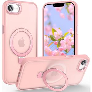 Magnetic for iPhone 17e Case & iPhone 16e Case with Ring Stand, [10 FT Drop Protection] [Velvety Touch] Slim Translucent Matte Back Shockproof Phone Case for iPhone 17e 6.1'', Pink