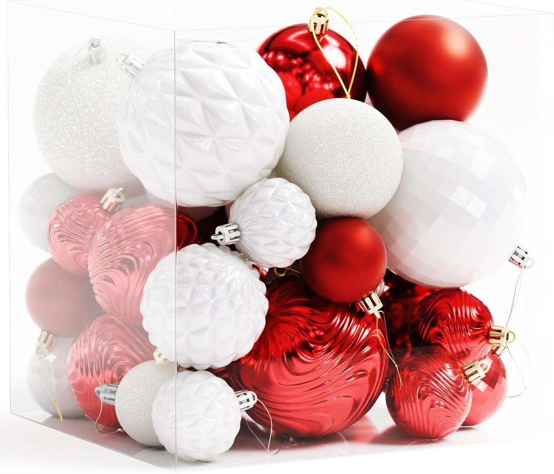 Annecy Christmas Tree Ornaments - 36 PCS Shatterproof Christmas Ball Ornaments Set for Holiday, Wreath & Party Decorations (Multi-Size, Red, White)