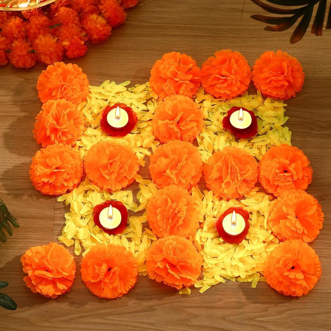 Diwali Marigold Chrysanthemums Dark-red Rose Petals Silk Artificial Flowers Set Artificial Flowers Decor for Party Indian Wedding Diwali Home Decor DIY Wreath Garland (Orange,Marigold)