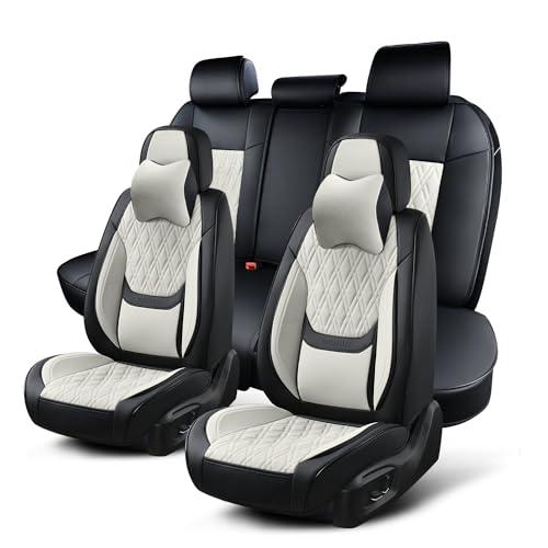 TINRAIYANG Car Seat Covers Full Set, Breathable Leather Automotive Front and Rear Seat Covers & Headrest, Universal Automotive Vehicle Seat Cover for Most Sedan SUV Pick-up Trucks, Black&Beige