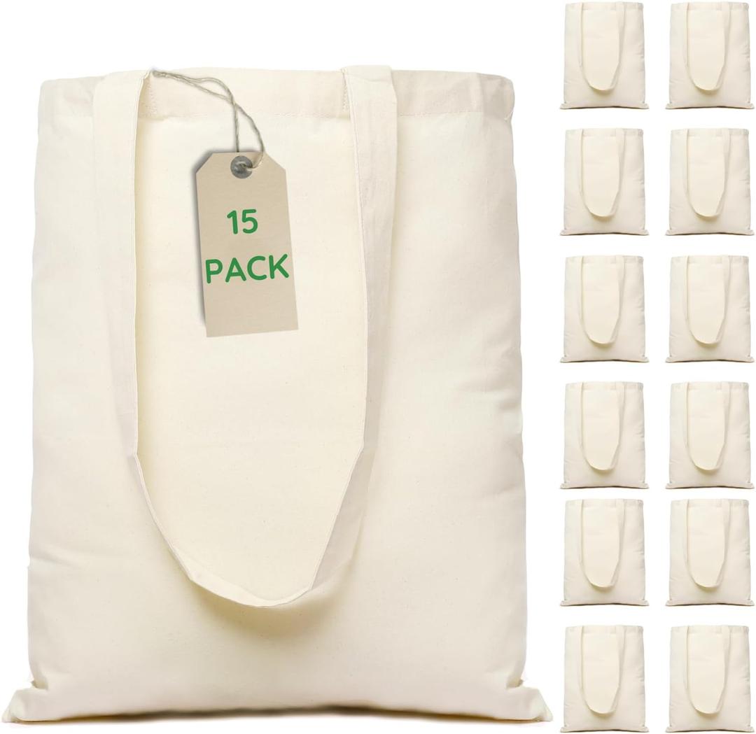 Greenmile Canvas Tote Bags Bulk 15 Pack - 15x16.5 Inch - 6 oz - Large Plain Tote Bags Premium Economical Blank Reusable Grocery Bags, Thick Shopping Canvas Bags for Arts & Craft DIY Promotion