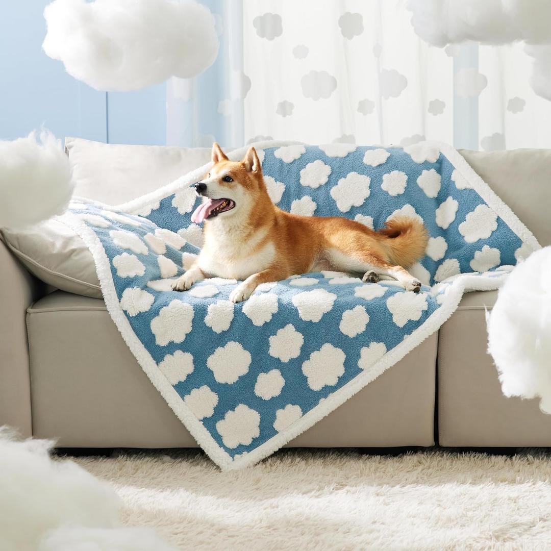 Waterproof Dog Blanket for Large Dogs - Washable Double Sided Dog Blankets with Warm Jacquard Shag and Soft Sherpa Fleece, Pet Cat Blanket for Couch Protection, 3D Textured Cloud, Blue, L(40x50")