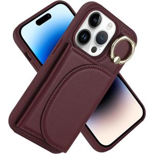 for iPhone 14 Pro Case Wallet with Card Holder Ring Stand Shockproof Phone Cover Slim with Credit Card Slots for Women Men-Red