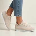 Women's Minimalist Suede Sneakers - Lace Up Casual Trainers in Beige for Everyday, Streetwear & Minimalist Outfits, 9.5