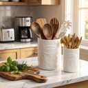 White Utensil Holder Set of 2 Ceramic Cooking Utensil Crock Modern Kitchen Utensil Organizer for Countertop Spatula Spoon and as a Decorative Vase for Housewarming Gift