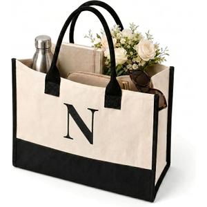 2 x Salt Earth Canvas Tote Bag for Women, Personalized Initial Monogram Tote, Beach Grocery Utility Tote for Travel & Work