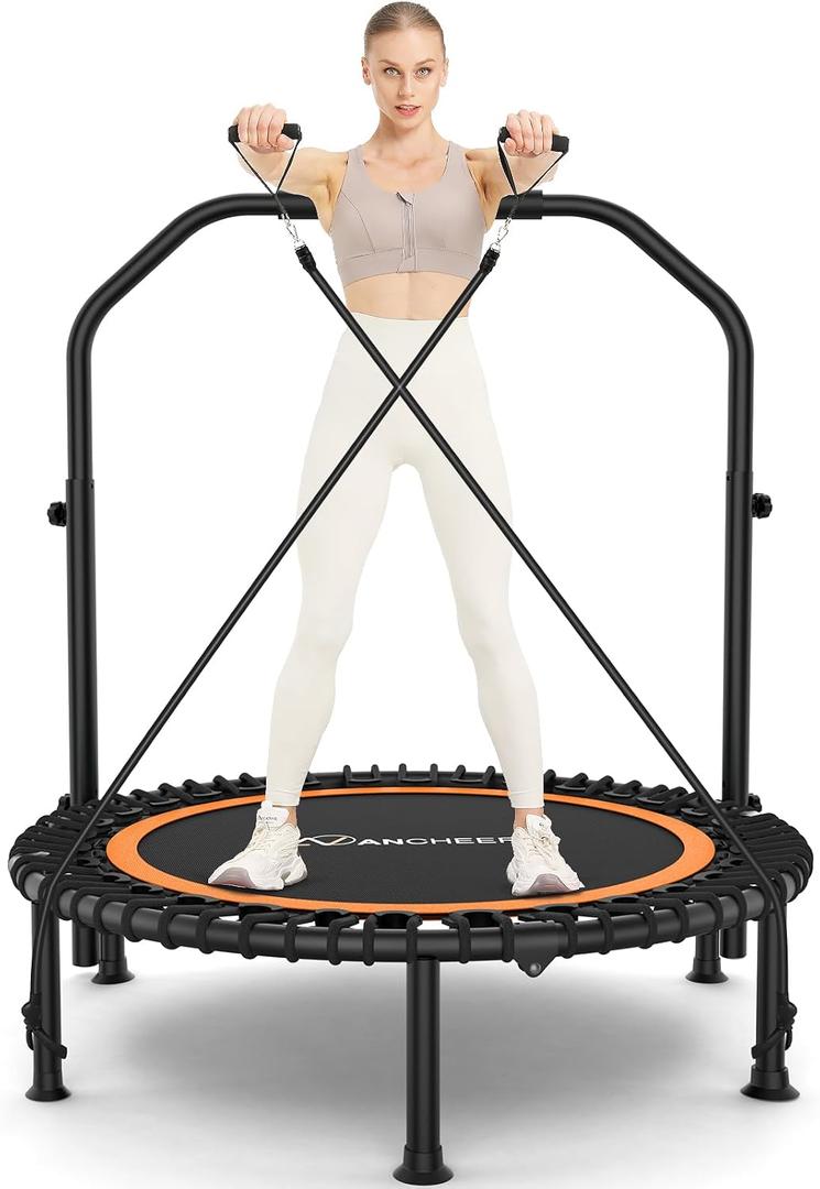 ANCHEER 48" Foldable Rebounder Trampoline for Adults/Kids with Resistance Bands and Bungees, Indoor & Outdoor Mini Trampoline with Bar and Safety Padding - Max Load 450lbs (Orange)
