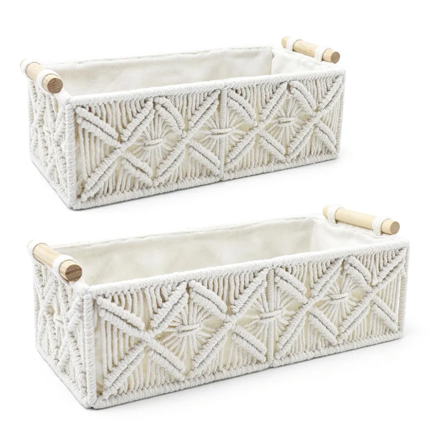 Nonam Macrame Storage Baskets, Boho Decor Style Woven Storage Boxes for Home Organization, Toilet Tank Shelf Cabinet Organizer Baskets,Set of 2 - White