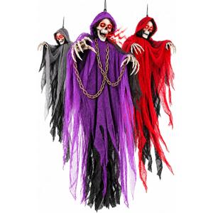 71" Halloween Hanging Skeleton Ghosts with Moving Grabbing Arm, Scary Sound & Glowing Red Eyes, 3 Pack Halloween Decorations Outdoor Flying Grim Reaper Set for Yard Porch Haunted House Props Décor