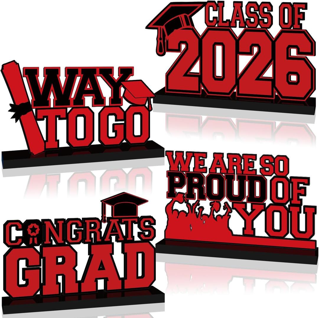 4Pcs 2026 Graduation Decorations Red and Black Wooden Centerpieces for Tables Class of 2026 Table Decorations Congrats GRAD for School Home Graduation Party Tiered Tray Decor Supplies