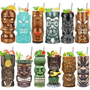 SuproBarware Tiki Mugs Set of 12, Ceramic Tiki Mugs for Hawaiian Party,Creative Tiki Mug Set for Cocktails Glasses, Tiki Drinking Bar Decorations Premium Tropical Cups Drinks for Exotic Party 12PCS
