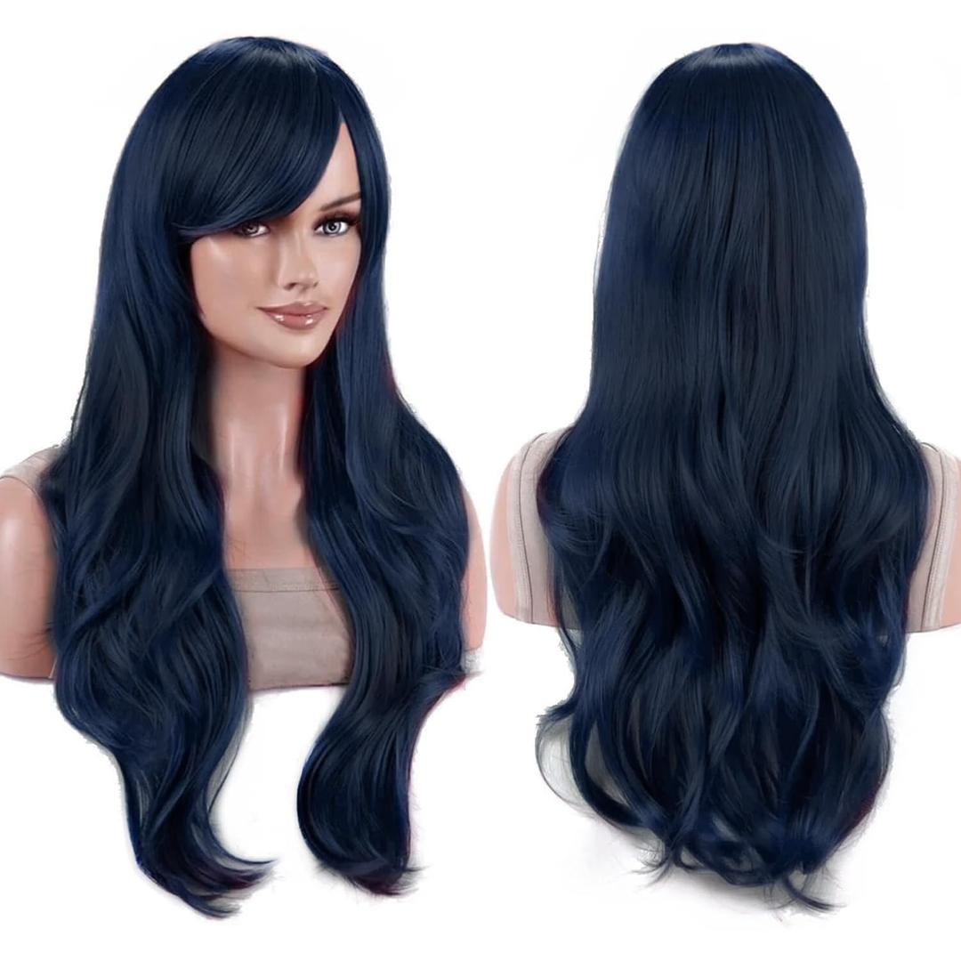 IMISSU 28 Inch/70cm Long Hair Water Wavy Wigs with Bangs Cosplay Costume Wig (Dark Blue)