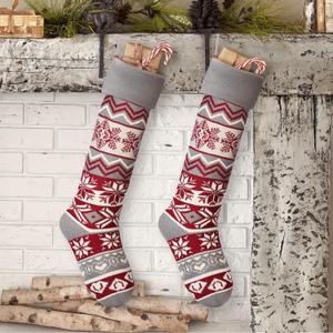 2 Pack Vintage Large Christmas Stockings Extra Long 25.6 Inch Knitted Red Grey White Winter Snowflakes Stocking Rustic Farmhouse Christmas Socks for Family Holiday Xmas Tree Fireplace Decor