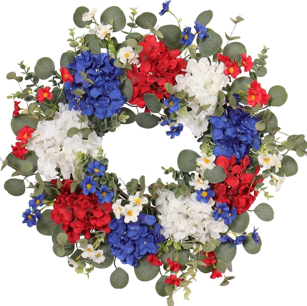 22 Inch Patriotic Hydrangea Wreath for Front Door Decor, UV Resistant Red White and Blue Artificial Floral, Waterproof Summer Porch Display & 4th of July Americana Wreath