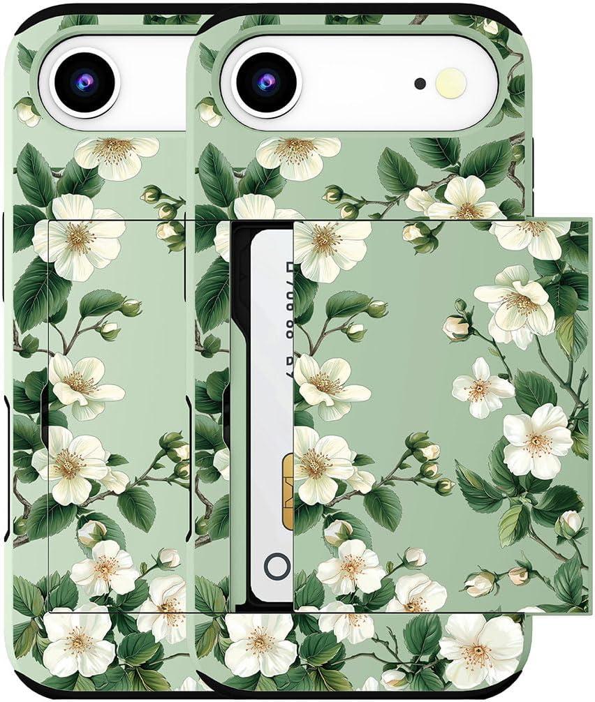 Compatible for iPhone 17 Air Case with Card Holder Cute - Kawaii Design Military-Grade Drop Protection Rugged Wallet Cases for Women (Green Magnolia Flowers Florals)
