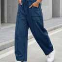 Aoysky Womens Baggy Barrel Wide Leg Pants Casual Drawstring Elastic Waist Contrast Stitch Workout Sweat Pants with Pockets, Large