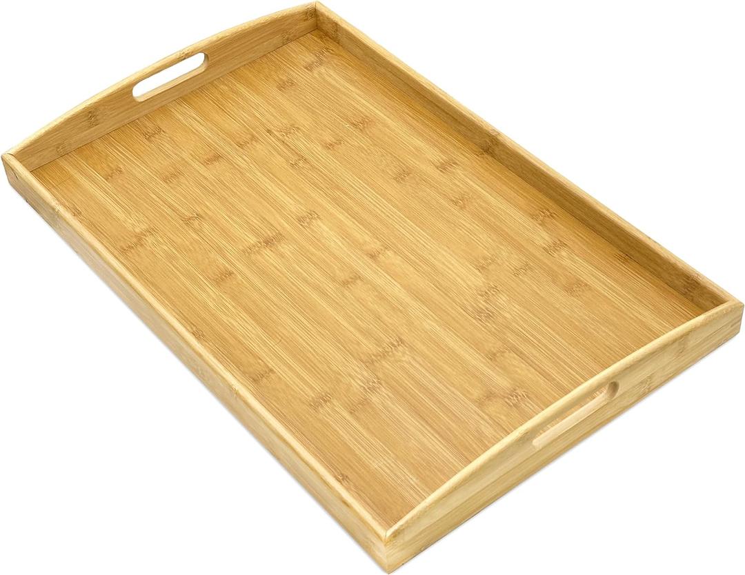Bam & Boo Natural Bamboo Serving Tray Extra Large Rectangular with Handles for Food, Drinks, Storage, Decor, Vanity, Breakfast, Parties, Weddings, Picnics(23.6 x 15 x 2.35, Natural)