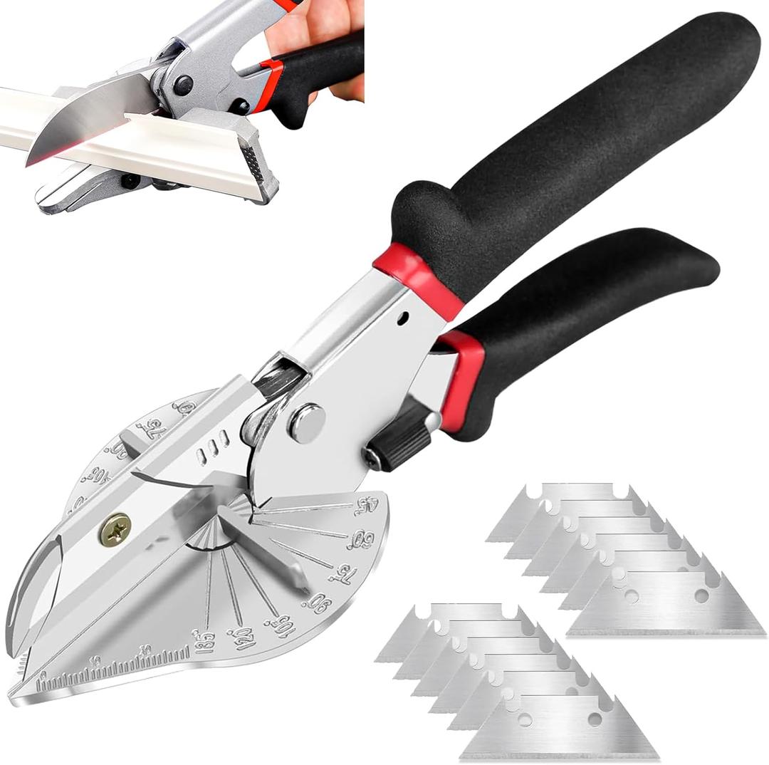 Multi Angle Miter Shear - Upgrade Quarter Round Cutting Tool with 12pcs Replacement Sharp Blades, 45-135 Adjustable Angle, Trim Cutter Hand Tool for Plastic, Wood Trim Molding (Black Red Handle)