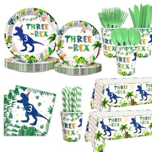 AIBIIN 194pcs Three Rex Birthday Decorations for Boy 3rd Birthday Party Plates, Cup, Napkin, Tablecloth, Tableware, Dinosaur 3 year old Birthday Party Supplies Plates Serve 24 Guests