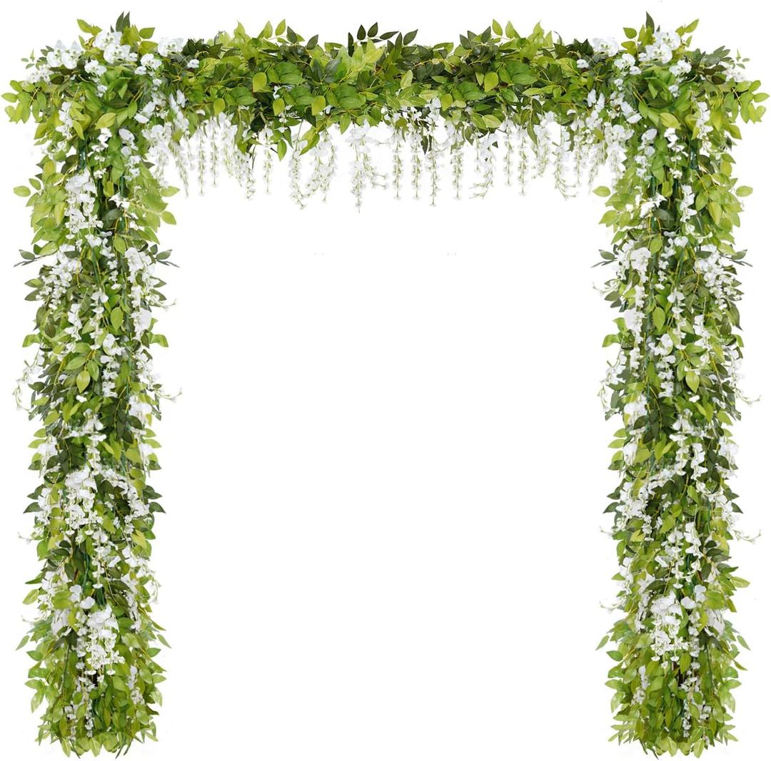 Dolicer Wisteria Artificial Flower Garland 2Pcs Total 12Ft, White Silk Wisteria Hanging Flowers for Wedding Arch, Outdoor Ceremony, Garden, Porch Decor (2 Pcs)