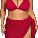 MakeMeChic Women's Plus Size 3 Piece Bikini Sets Tie Backless Halter Triangle Swimsuit Bathing Suit Cover Up Beach Skirts (XX-Large Plus, Red)