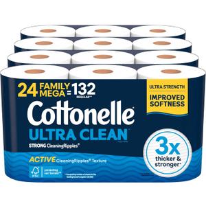 Cottonelle Ultra Clean Toilet Paper with Active CleaningRipples Texture, Strong Bath Tissue, 24 Family Mega Rolls = 132 Regular Rolls (4 Packs of 6)