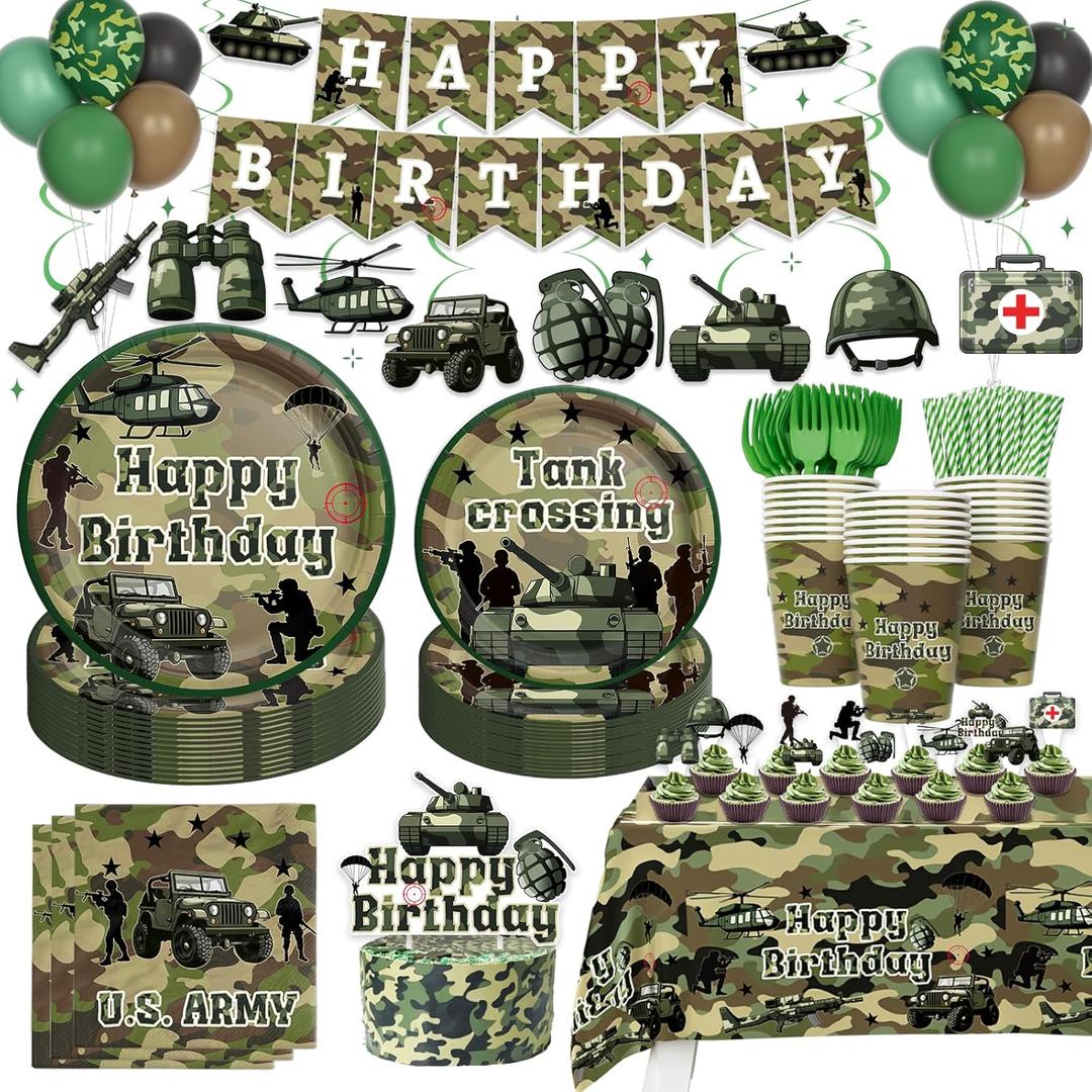 Army Birthday Party Decorations Tableware Set, 196 PCs Camo Birthday Supplies with Plates, Napkins, Forks, Hanging Swirls, Banner, Tablecloth for Military Camouflage Party, Serves 24 Guests