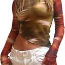 Remidoo Women's Mesh Top Long Sleeve Sheer Asymmetrical Crop Tops Patchwork Shirt Green Red Medium Multicoloured, Small