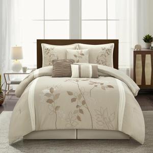 Stratford Park Beige Comforter Set King Size, 7 Piece Embroidery Bedding Set, Pillow Sham, Bedskirt, Decorative Pillow, Floral Comforters, Home Decor